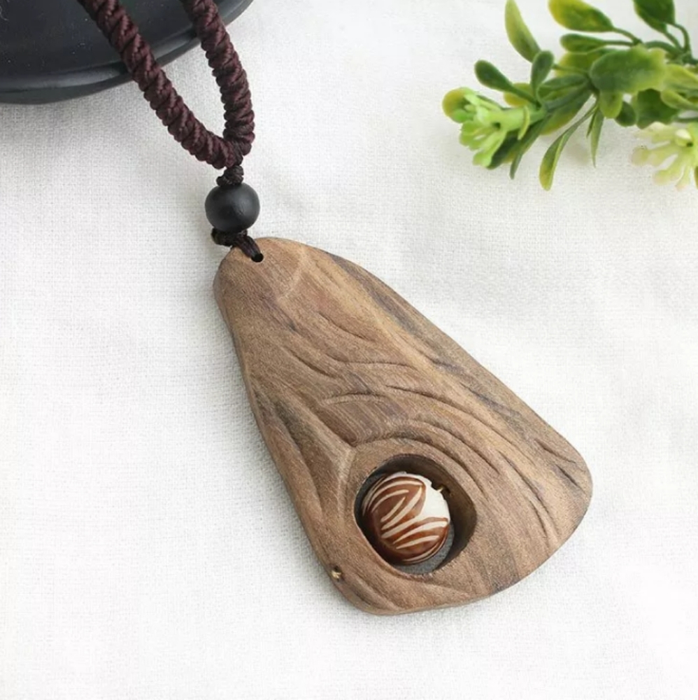 Artsy Carved Sandalwood Pendant Spinning Bead Necklace Adjustable Rope Cord Boho